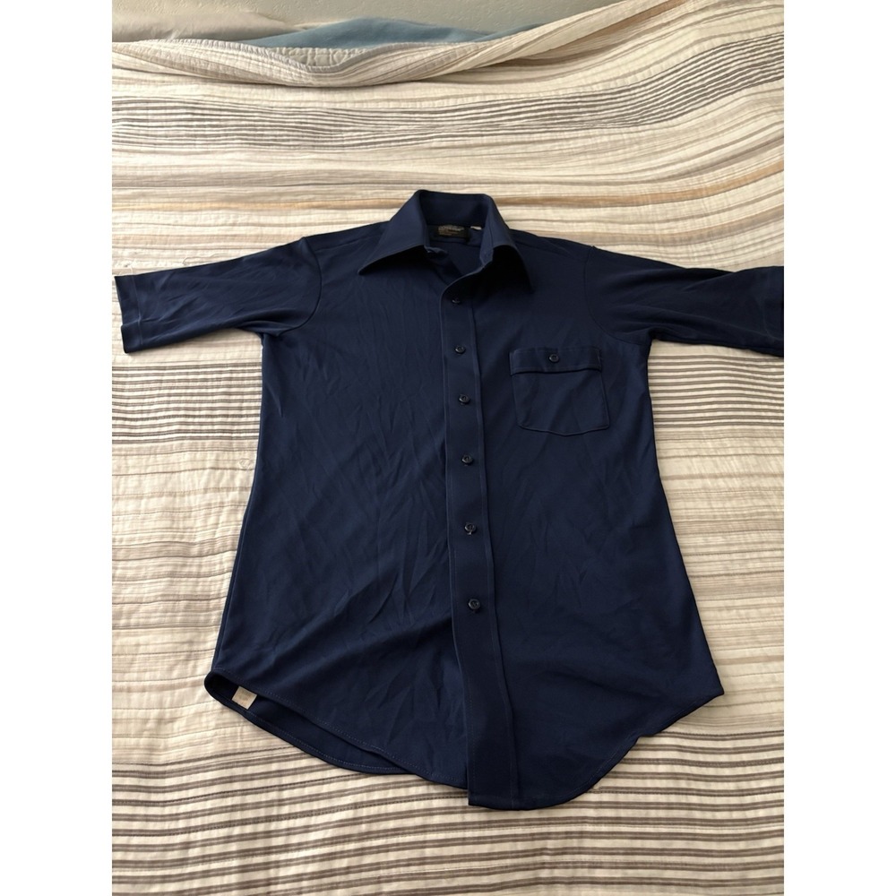 VTG JC Penney Shirt Mens 15 Navy Ultressa 70s Disco Short Sleeve Pocket *READ